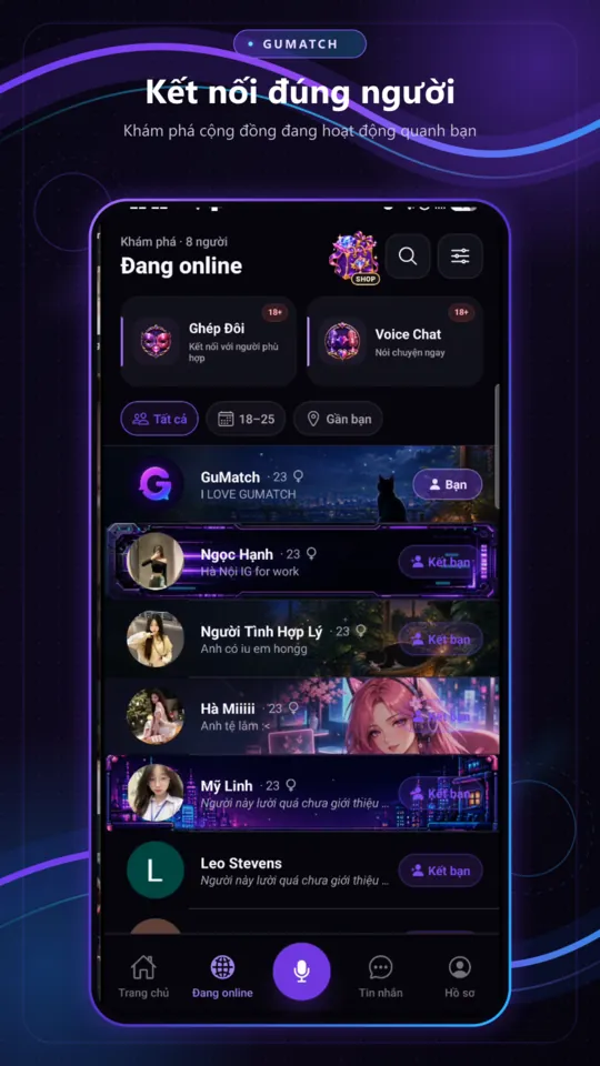 Danh sách người dùng đang online trong GuMatch
