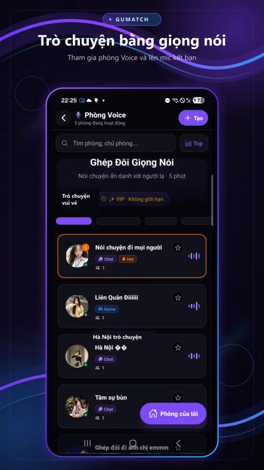 Danh sách phòng trò chuyện bằng giọng nói trong GuMatch