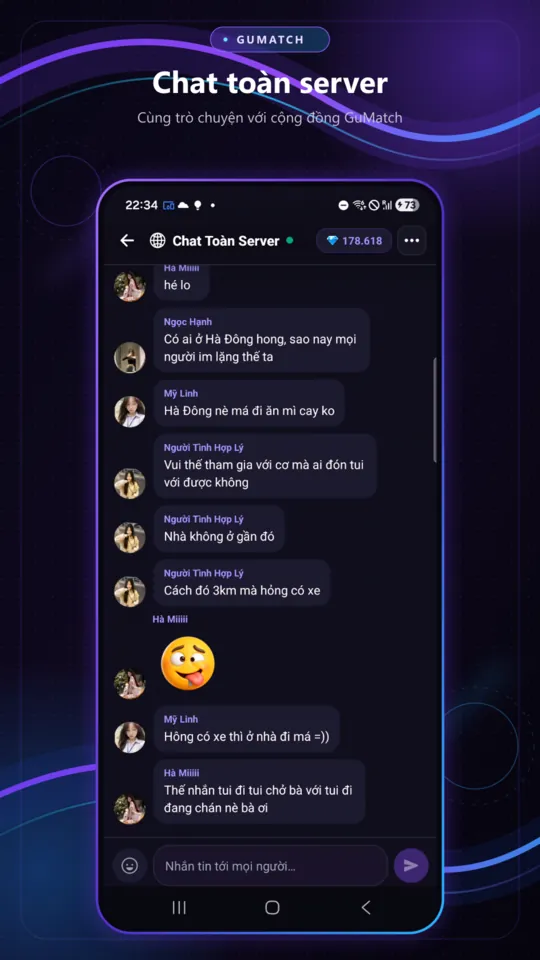 Màn hình chat toàn server trong GuMatch
