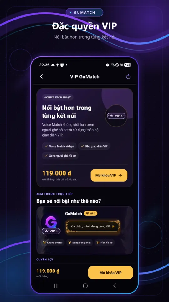 Trang giới thiệu đặc quyền VIP trong GuMatch
